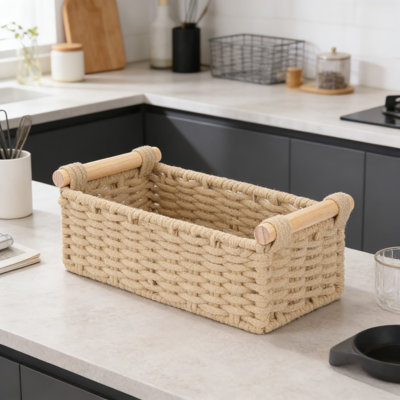 Boho Cotton Rope Storage Baskets Set With Wooden Handles, Woven Wicker Organizer Bins For Bathroom, Shelves, And Home Decor