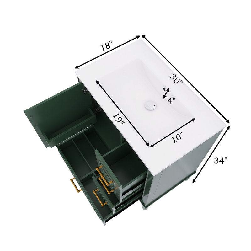Meuble-lavabo autoportant 30 po avec lavabo en céramique et trois tiroirs, portes à fermeture en douceur, Vert