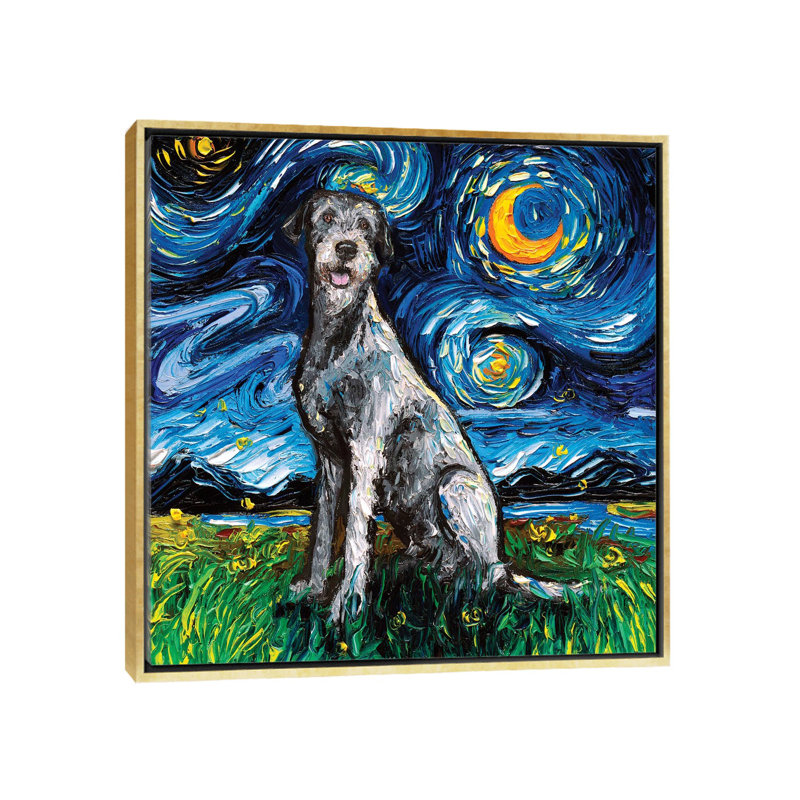 « Irish Wolfhound Night » par aja Trèves, reproduction d’art, H 26 po x l 26 po x P 1,5 po, Toile encadrée d'or, Pas de tapis