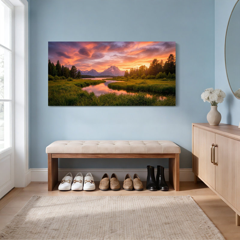 Ensemble de 1 tableau sur toile représentant un coucher de soleil sur une montagne, H 20 po x l 40 po