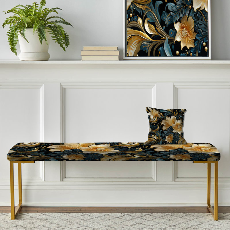 Upholstered Gold Bench, Gold And Teal Royal Flower Gardens