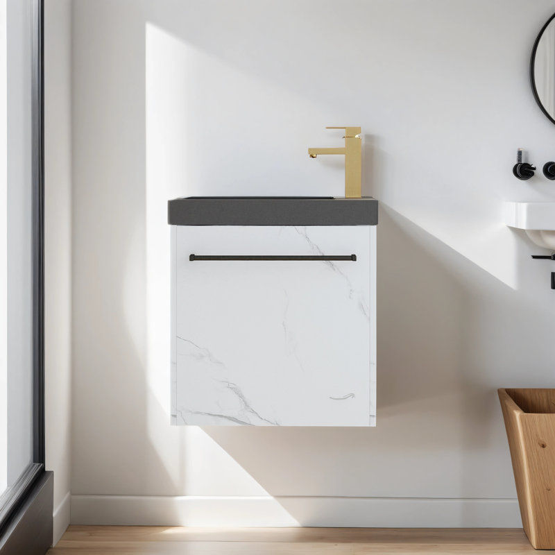 Macius 20.02 " W Free Standing Wall Mounted 1 Single Vanity Bathroom Vanity With Resin Top, Black, CarraraWhite/Black