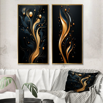 «Black and Gold Golden Minimalistic Line Art I», ensemble de 2 reproductions d'art abstrait