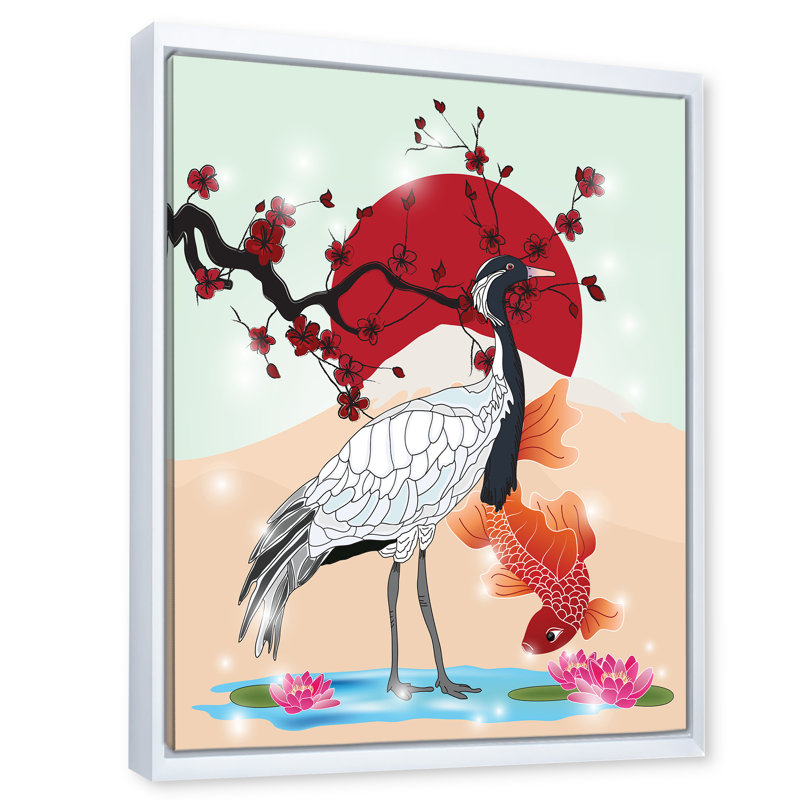 Crane et poisson Koi - Impression sur toile, H 32 po x l 24 po x P 1 po, Cadre blanc