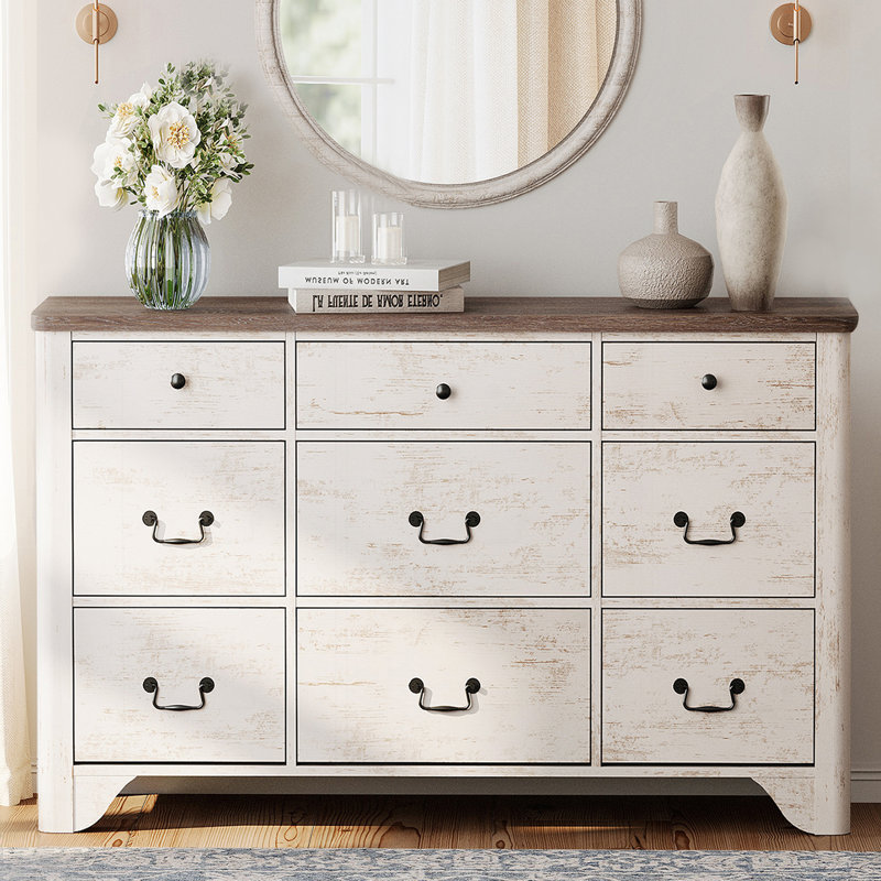 Haikey 53.5" Teen Dresser For Kids Room, 9 Drawer Dresser For Bedroom, White/Brown