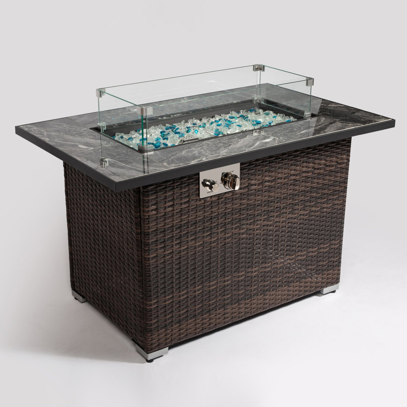 Table de foyer au propane 50000BTU avec plateau en céramique, extérieur de 44 pouces, rectangulaire, couvercle, housse de pluie, pierres en verre vives, plateau de table brun foncé, fosse,