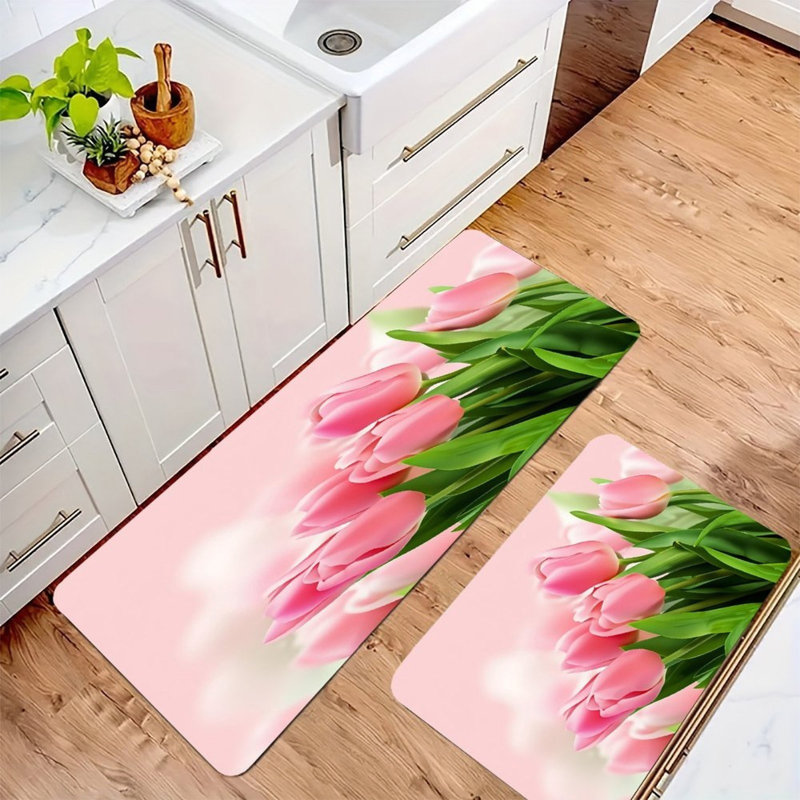Bouquet de tulipes roses, ensemble de 2 tapis de cuisine