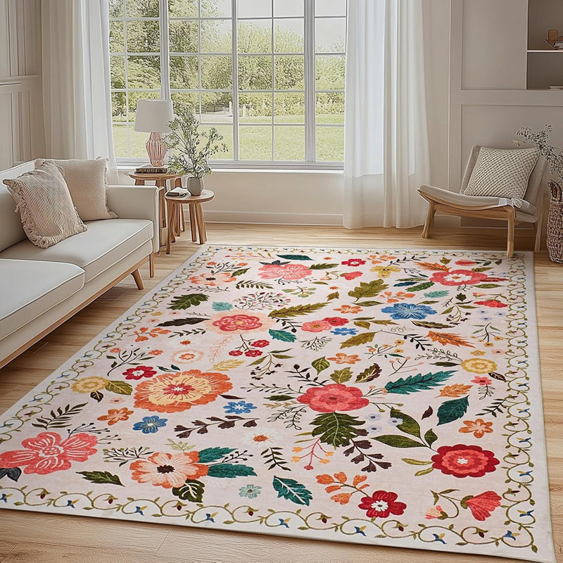 Rug For Living Room, 5X7 Area Rug Floral Vintage Rug For Bedroom Non-Slip Non Shedding Indoor Floor Carpet, Low Pile Foldable Stain Resistant Carpet For Dining Room, Office, Home Decor, Beige