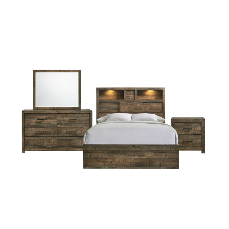 Montijo Bookcase Panel Bedroom Set With Bluetooth, 4 Pcs: Bed, Dresser, Mirror, Nightstand, Full