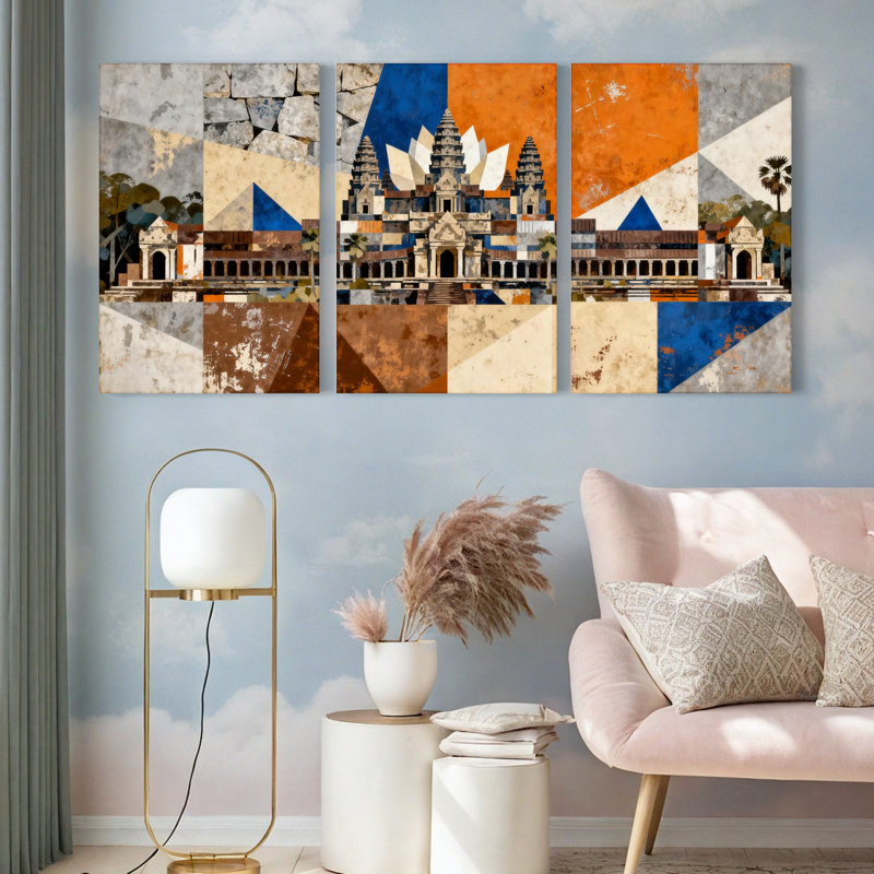 Tableau abstrait géométrique sur toile tendue représentant le temple d'Angkor Wat (lot de 3), H 36 po x l 72 po