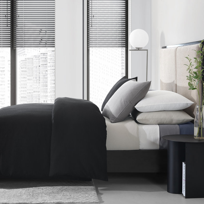 Waffle Pique Standard Cotton Reversible 3 Piece Comforter Set, Black, King Comforter + 2 King Shams