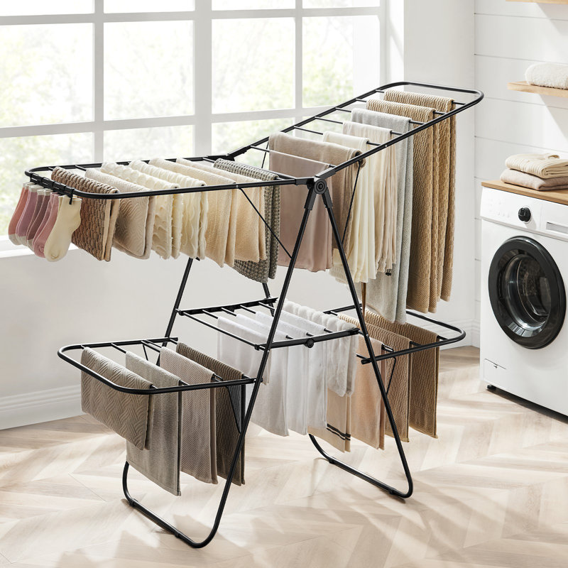 Séchoir à vêtements, séchoir à linge pliable à 2 niveaux, séchoir à linge autoportant, avec ailes réglables en hauteur, 33 rails, pinces à chaussettes
