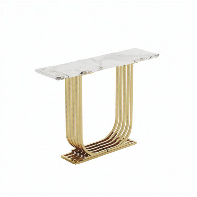 Console étroite de 43,3 pouces avec plateau en imitation marbre et structure en métal doré, parfaite pour les espaces de vie modernes et les petits espaces.