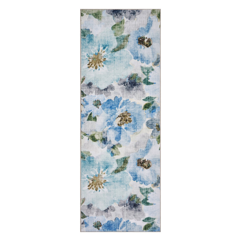 HGTV Chubbuck Machine Washable Indoor Rug, Printed Soft Flannel Polyester with Non-Slip Backing, Jania Blue 2x6, Blue
