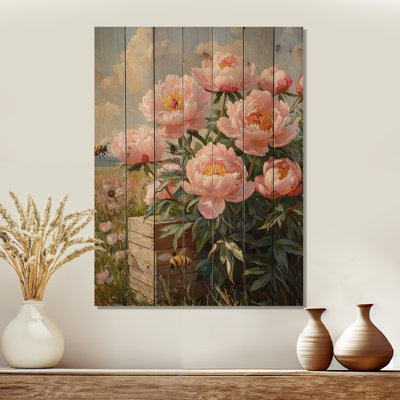 Pivoines par la ruche - Art mural en bois de pivoines - sur bois de pin naturel