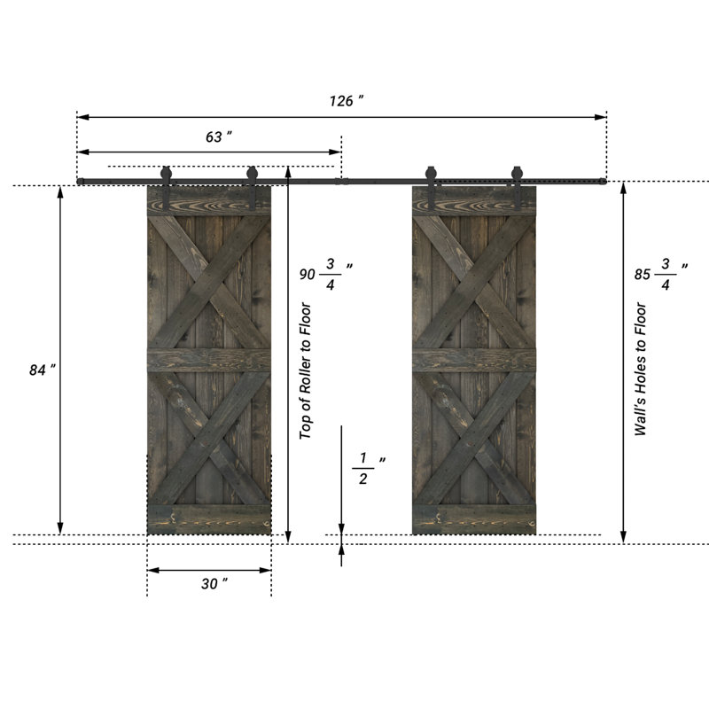 Porte de grange coulissante à panneaux en bois X Series avec trousse de quincaillerie d'installation (DIY) 2 6, 60 po x 84 po