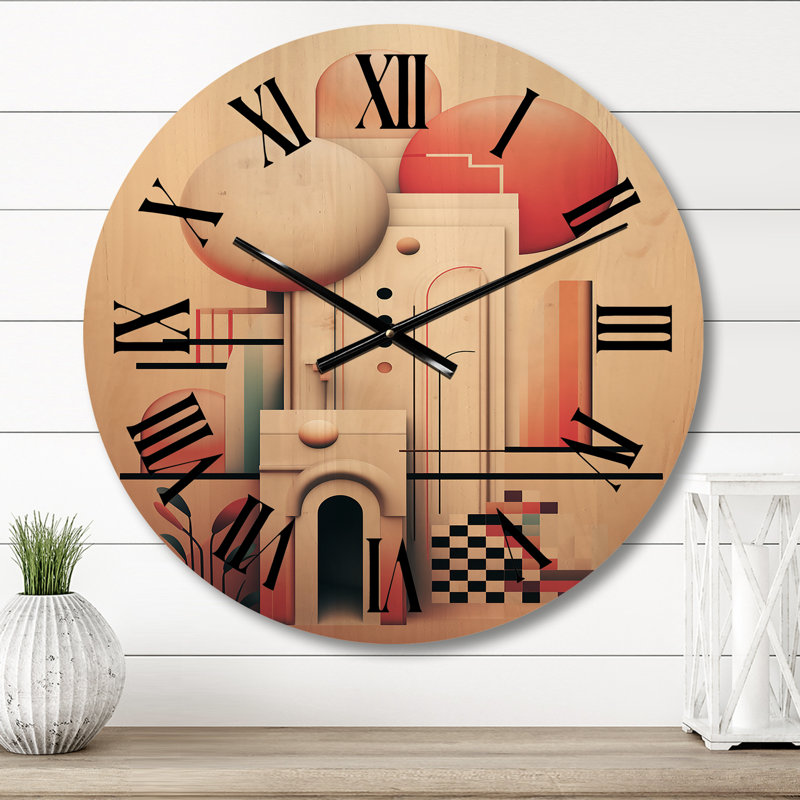Charmante ville rétro Boho Illustration rétro - horloge murale géométrique moderne surdimensionnée en bois, Moyenne