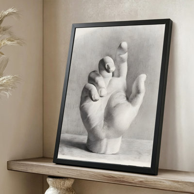 Modern Abstract Hand in a gesture: Detailed shading, Realistic graphite drawing style. 24" x 36" Framed Canvas Wall Art in Black Wood Fram