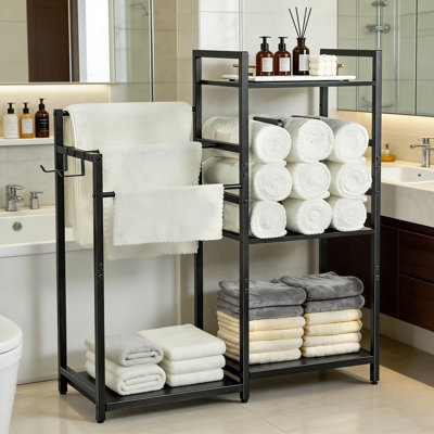 3-Tier Bathroom Towel Rack With U-Shaped Dividers, Dual-Sided Towel Storage Organizer And Hooks, Sturdy Metal Frame And Wooden Shelves For Rolled And Folded Towels