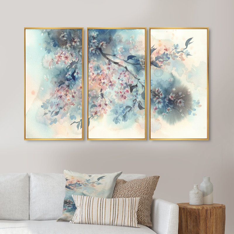 Fleur de sakura blanche sur fond bleu pastel - ensemble de 3 reproductions sur toile flottantes, H 20 po x l 36 po x P 1 po