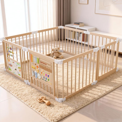 63X63X24 Inchs Foldable Wooden Playpen Natural Wood Baby Play Yard, Portable With Adjustable Size And Shape, Includes 2 Game Boards, 10+ Toy Set, Suitable For Indoor Use