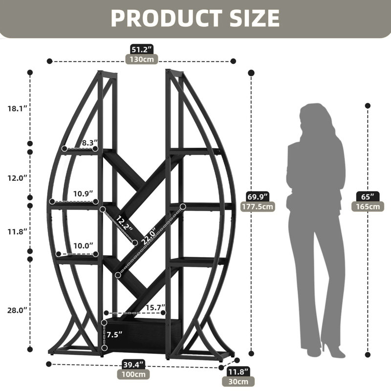  Industrial 5-Tier Oval Bookcase, Open Etagere Shelf With Metal Frame, Brown
