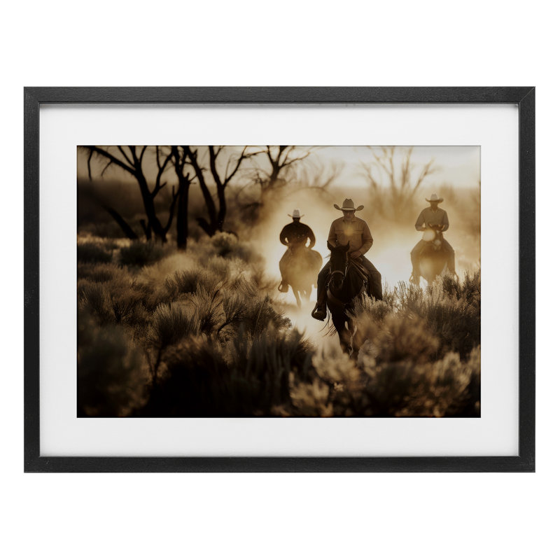 «Riders Of The West», reproduction sous verre encadrée, conception par Lazar Studio, H 14 po x l 20 po, Cadre noir minuit