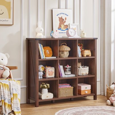 9 Cube Bookcase, Farmhouse 47 Inch Wide Brown Walnut Bookshelf, Wooden 3 Tier Display Large Open Book Shelf, Vintage Horizontal Book Case for Home Office, Cubby Storage Cabinet for Living Room