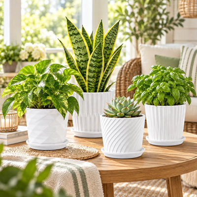Ensemble de 4 pots de fleurs cylindriques en céramique blanche avec soucoupes