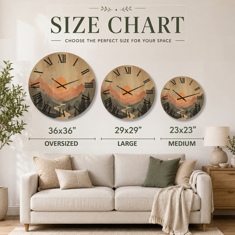 Très grande horloge murale nautique en bois - Coucher de soleil d'été dans les montagnes, Oversized
