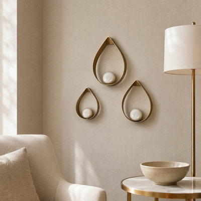 Decorative Metal Steel Teardrop Wall Art Sculpture for Home Decor - Artistic Wall Accent for Kitchen Decoration - Set of 3,14", 11", 9", Gold & White