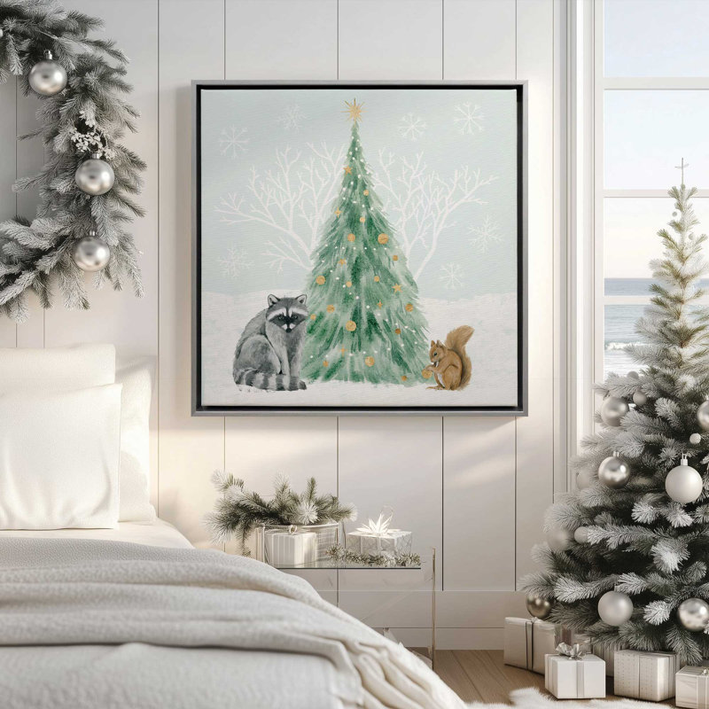 «Winter Wildlife with Christmas Tree II», reproduction sur toile dans un cadre, Encadrement brun
