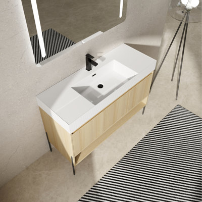 Meuble-lavabo 48 po avec lavabo en résine et armoire à 3 portes, style chêne moderne, bois massif multi-couches pour une grande durabilité dans une armoire - matériau robuste, installation facile, salle de bain