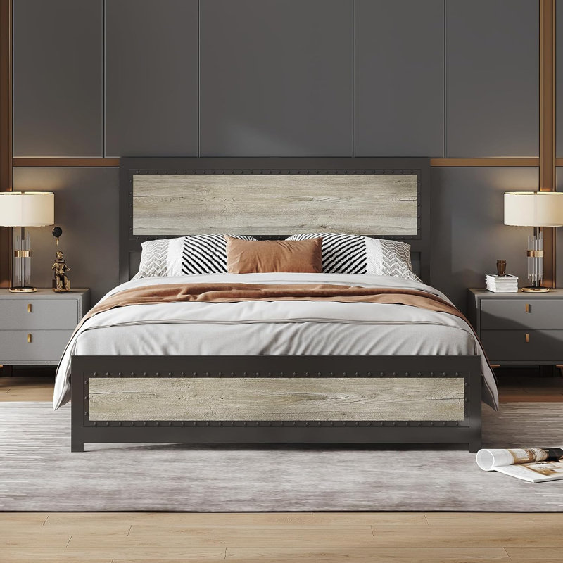 Bed Frame with Charging Station, Industrial No Box Spring Needed, Fast Assembly, Full, Gray