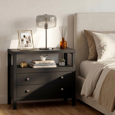 Hanson 28" Wide Nightstand with 2 Drawers & Open Shelf, Modern Bedside Table with Storage, Steel Frame End Table for Bedroom, Living Room, Office
