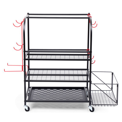 All-in-One Sports Storage Rack for Garage, Ball Holder, Yoga Mat Organizer with Hooks and Basket