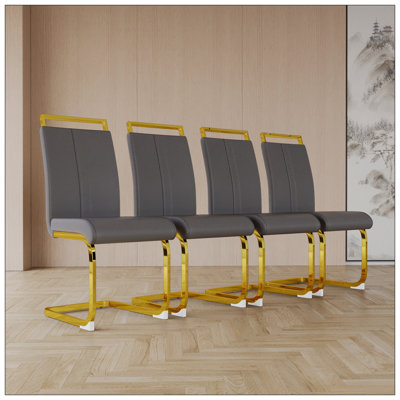 Chaises de salle à manger modernes, chaise d'appoint rembourrée en similicuir à haut dossier avec tube en forme de C. Plaqué pieds en métal doré pour salle à manger, cuisine, meuble-lavabo, patio, club, chaise de bureau d'invités (ensemble de 4) (gris + polyuréthane)