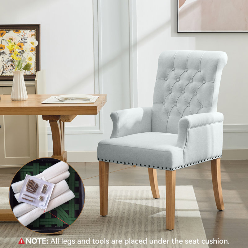 Fauteuil de salle à manger capitonné à dossier haut, lin, Lin bleu ciel