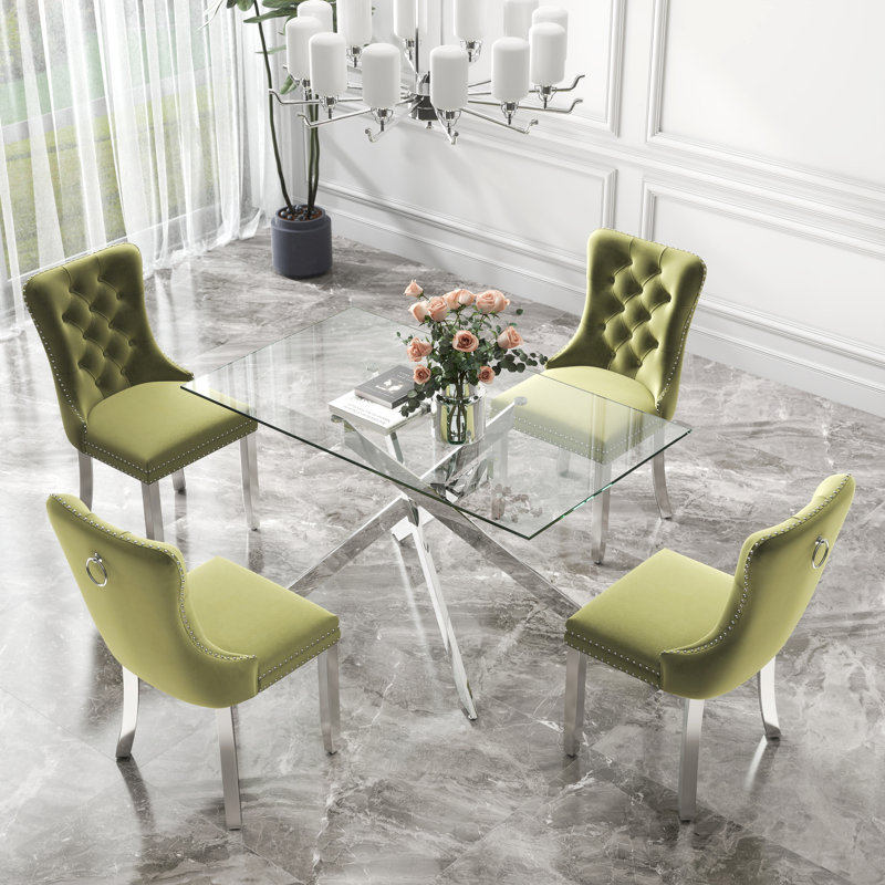 Ensemble de table de salle à manger rectangulaire en verre trempé, table de salle à manger de luxe avec chaise de salle à manger en velours capitonné