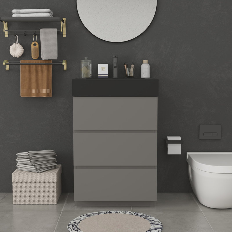 Meuble-lavabo moderne avec lavabo, Gris, Noir