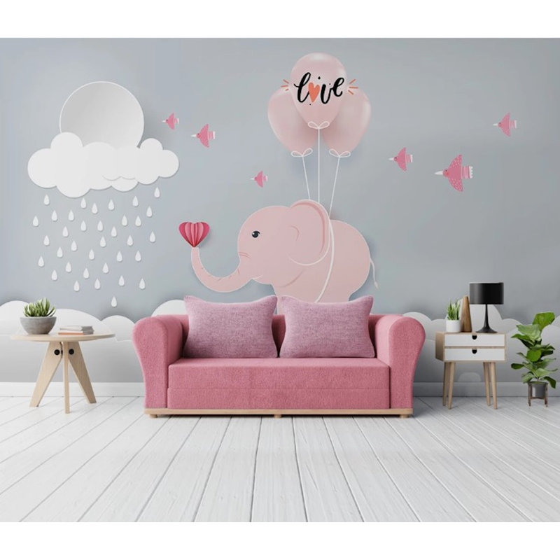 Papier peint amovible avec un joli bébé éléphant et des ballons, L 204 po x H 114 po