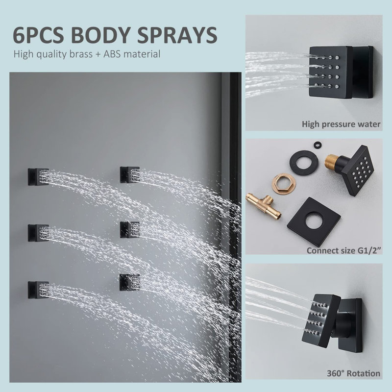 Nabiyy Matte Black Ceiling Mount Rain Shower System - LED Recessed Shower Set with 6 Body Jets & Handheld Wand for Bathroom