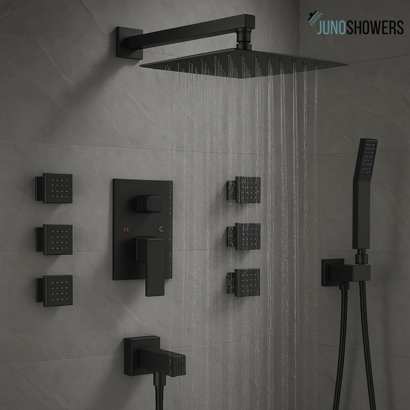 Juno Commercial Black Finish Wall Mounted Shower Set with 6 Body Jets, Black