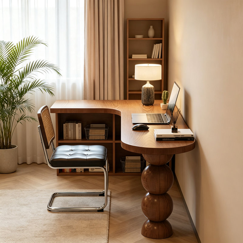 Bureau d'écriture rétro en forme de L en bois massif brun, H 29,52 po x l 70,86 po x P 47,24 po