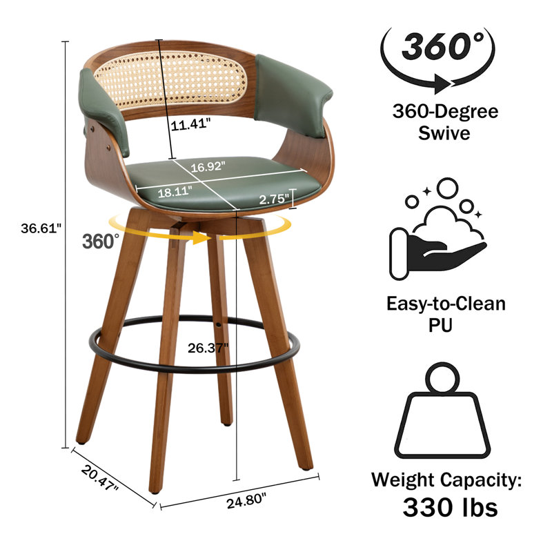 Swivel Upholstered Cane Back Counter Height Bar Stools, Counter Stool (26.37" Seat Height), Green