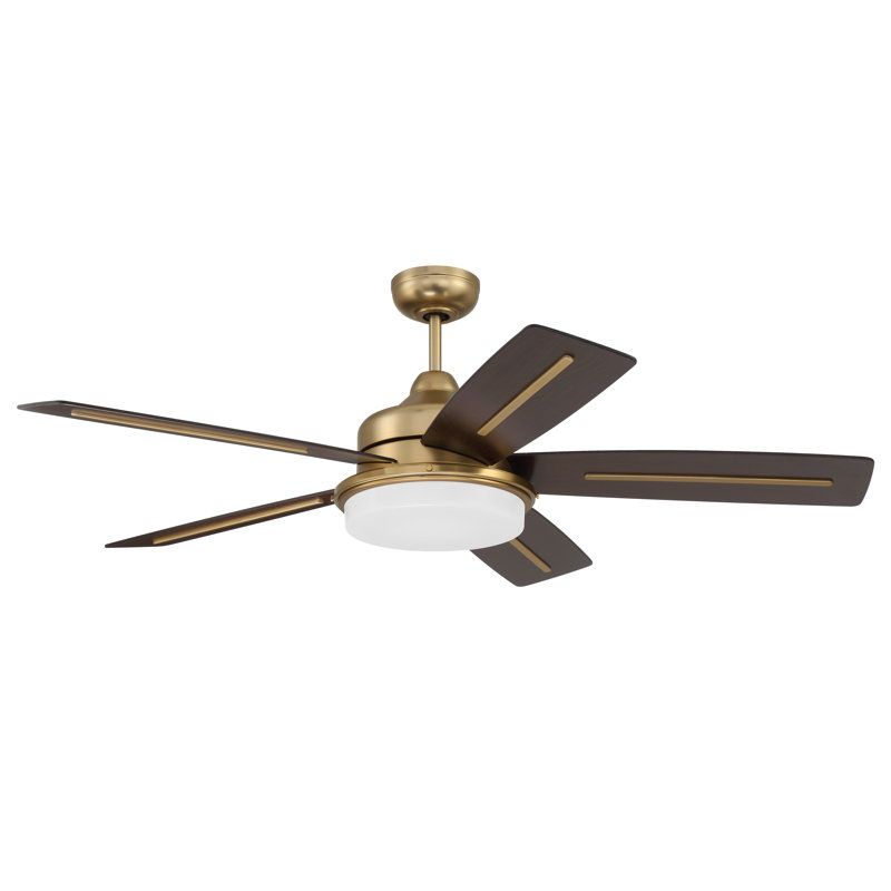  Ventilateur de plafond standard à DEL à 5 pales de 54 po avec télécommande et ensemble d'éclairage inclus, Laiton satiné
