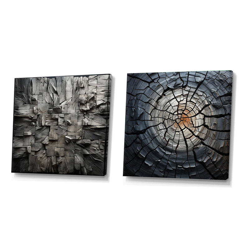 Spiritual Grey Geode Stone Minimalisme - Fractals Square, ensemble de 2 collages, Toile tendue, H 36 po x l 73 po