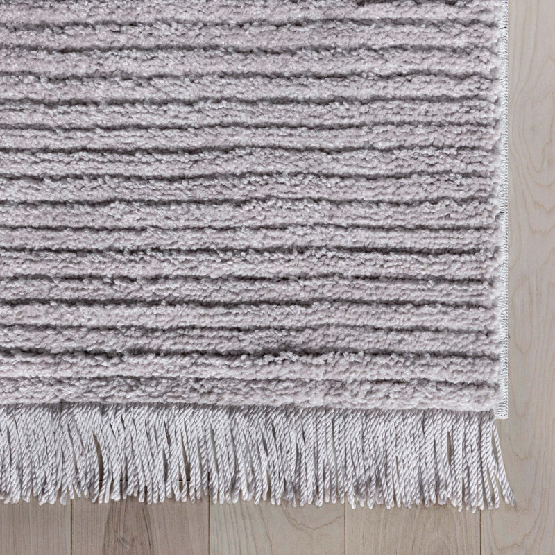 Marina Carlow Solid & Striped Textured Taupe Ivory Ultra Soft High-Low Shag Rug, Rectangle 5'3" x 7'3"