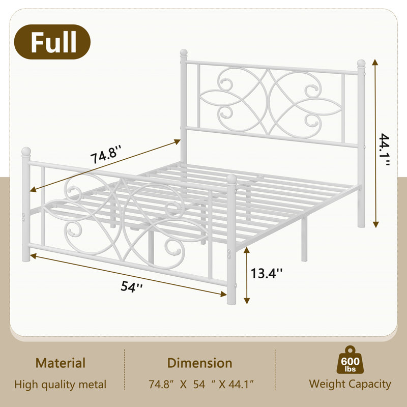White Full Size Metal Bed Frame with Headboard and Footboard, Victorian Butterfly Platform Bedframes, Heavy Duty Platform Storage Bed, Noise-Free Slatted Base