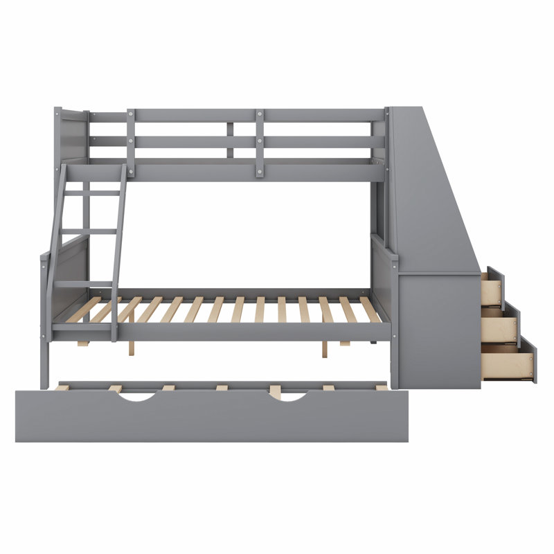 Bunk Bed With Trundle,Built-In Desk,Drawers And Shelf, Gray